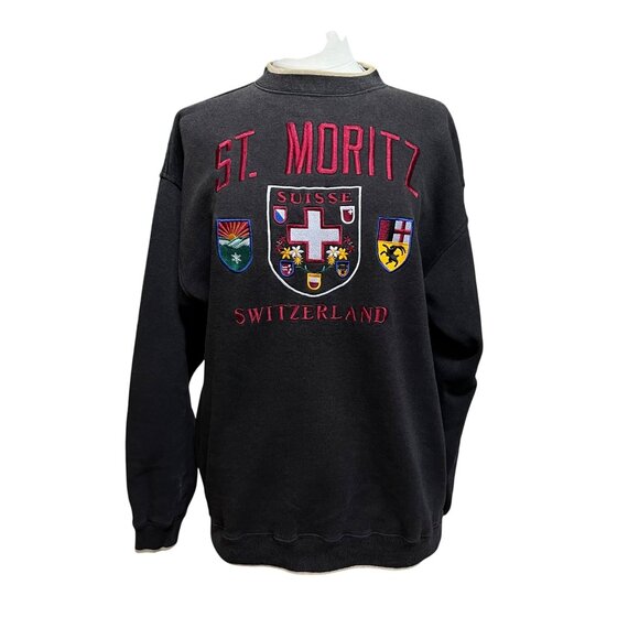 Danaggers Vtg 90's St. Moritz Switzerland Embroidered Sweatshirt Dark Gray Large - Picture 1 of 10